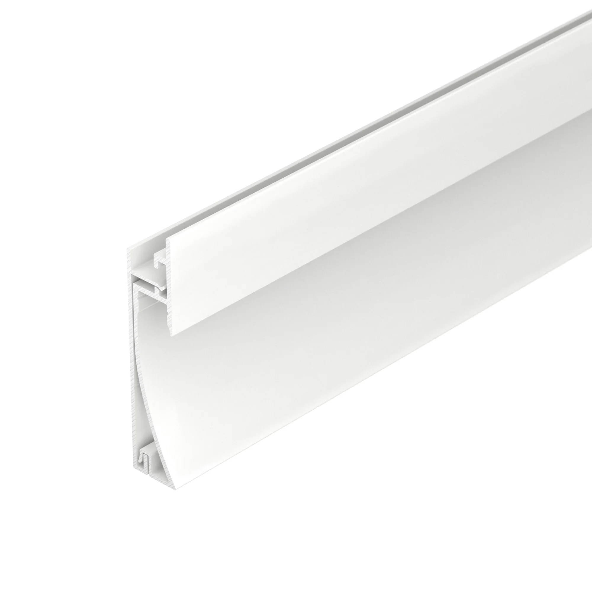 Профиль PLINTUS-H58-F-2000 WHITE 045297 - Алюминиевый встраиваемый двухкомпонентный профиль-плинтус для светодиодных лент и линеек. Цвет - белый RAL9003 (порошковая окраска). Габаритные размеры (LхWхH): 2000x12,28x58,20 мм. Ширина площадки для ленты 8 мм.