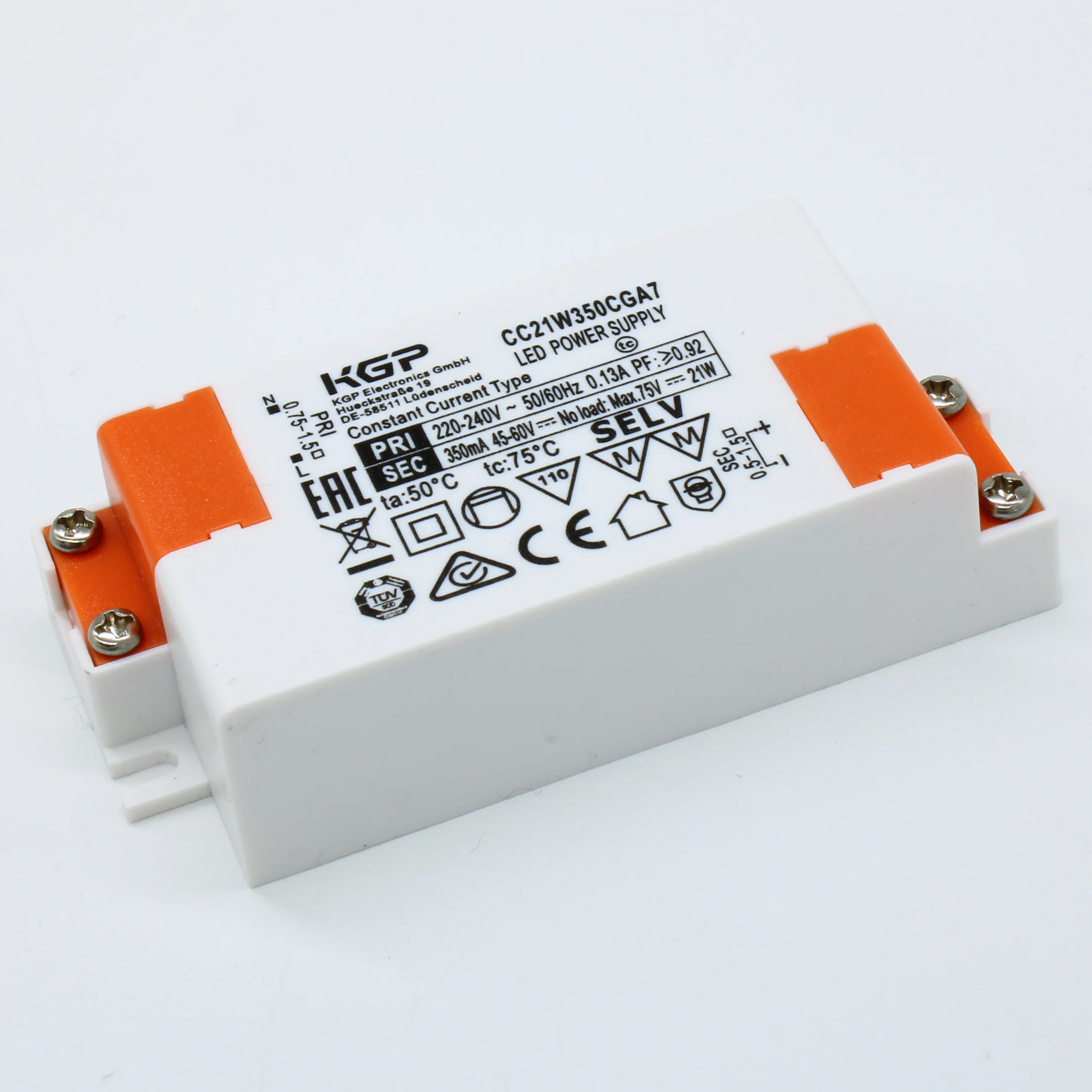 CC21W350CGA7 - AC-DC, 21Вт, токовый выход, вход 198…264В AC, выход 350мА/45…60В, ККМ, в кожухе 88,5х41,3х23мм, -20…+50°С