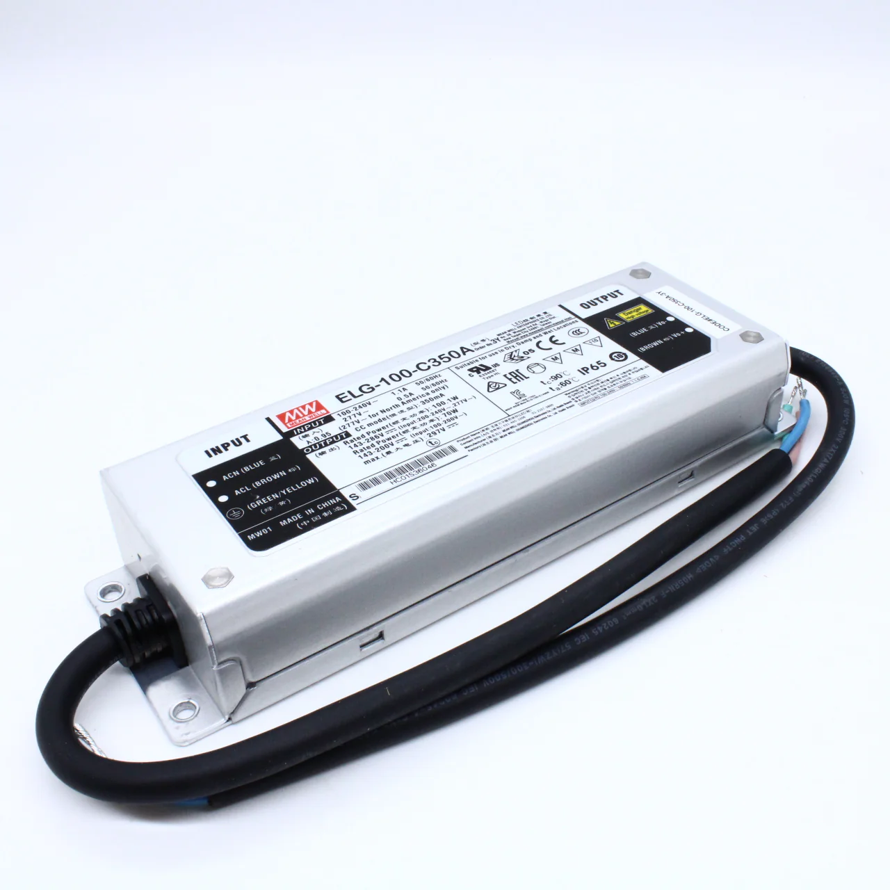 ELG-100-C350A-3Y - AC-DC, 100.1Вт, IP65, вход 100…305В AC, 47…63Гц/142…431В DC, ККМ, выход 143…286В/350мА, рег. тока 50...100%, изоляция 3750В AC, в кожухе 199х63х35.5, -40…+70°С, с проводом заземления
