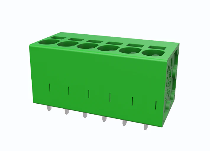 Розеточный разъем на плату MC-TC5.0V06P-0001 - Клемма, вертикальный, подвод кабеля, на плату, шаг: 5.0 мм, 6 полюсов, фиксация провода пружинная, исполнение: стандартное, 320V, 24A, цвет: зеленый
