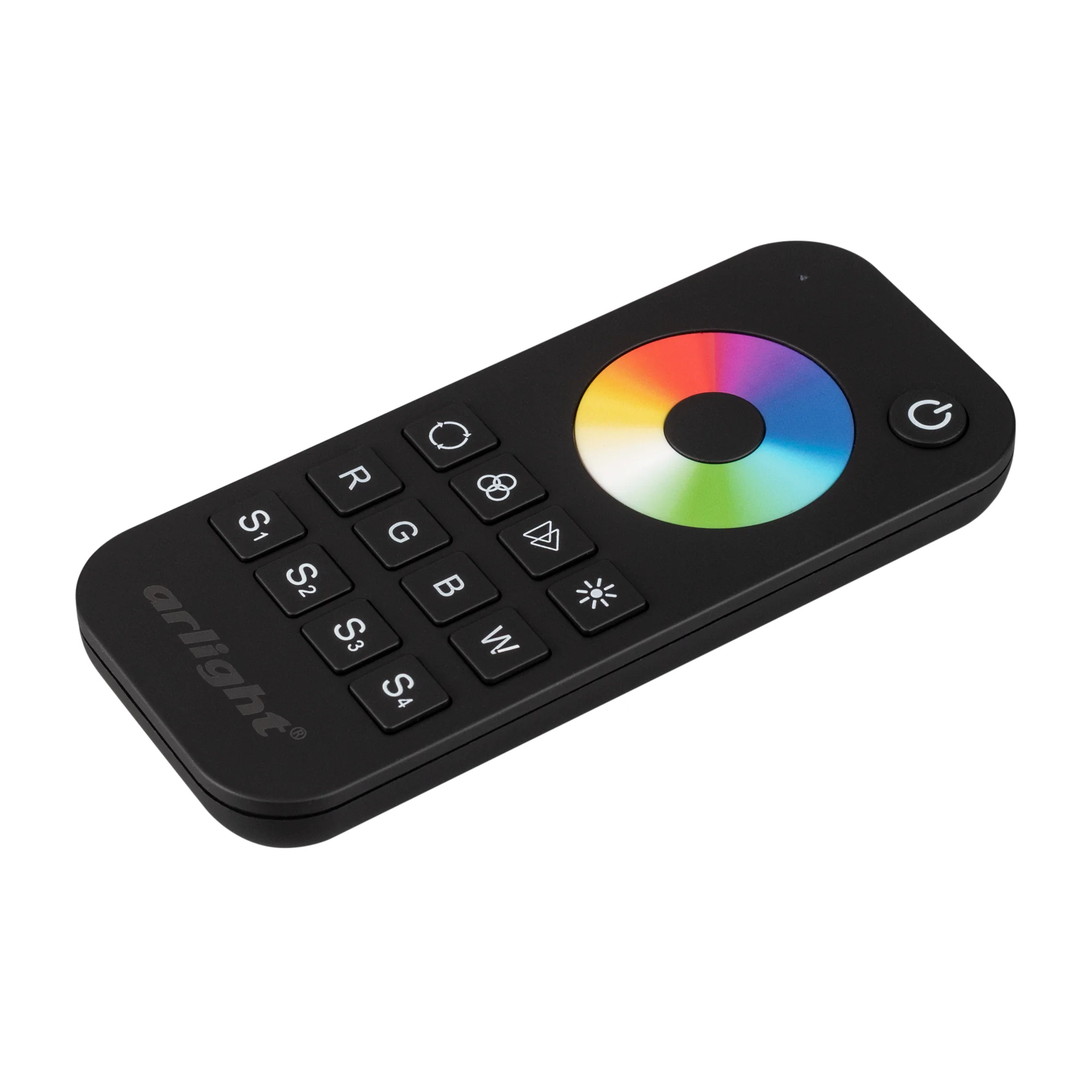 Пульт SMART-R28-RGBW Black (1 зона, 2.4G) 023479 - Кнопочный радиопульт с сенсорным кольцом 2.4 ГГц черного цвета для управления RGBW источниками света. 1 зона управления, 4 слота памяти пользовательских настроек, управление цветом с помощью сенсорного ко