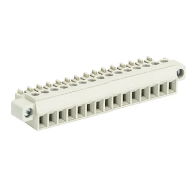 Розетка Wiecon 8513 B / 15 F - Розеточный разъем, угловой, на кабель, с монтажными фланцами, шаг 3,5 мм, 15 полюсов, номинальное сечение: 1,5 мм кв., винтовая фиксация провода, 250V, 8А, с маркировкой, цвет: серый, серия 8513 B