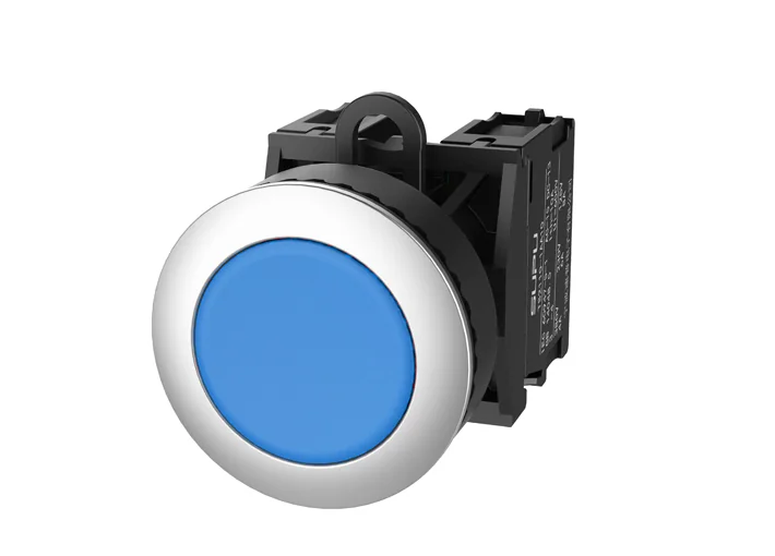 Кнопка плоская (синяя) TS2520-0CM40-S20 - Кнопка круглая плоская, без блокировки, без подсветки, утопленное алюминиевое переднее кольцо, с мгновенным нажатием, с контактной группой 2NO, диаметр головки кнопки 36 мм, диаметр посадочного отверстия: 22 мм, ц