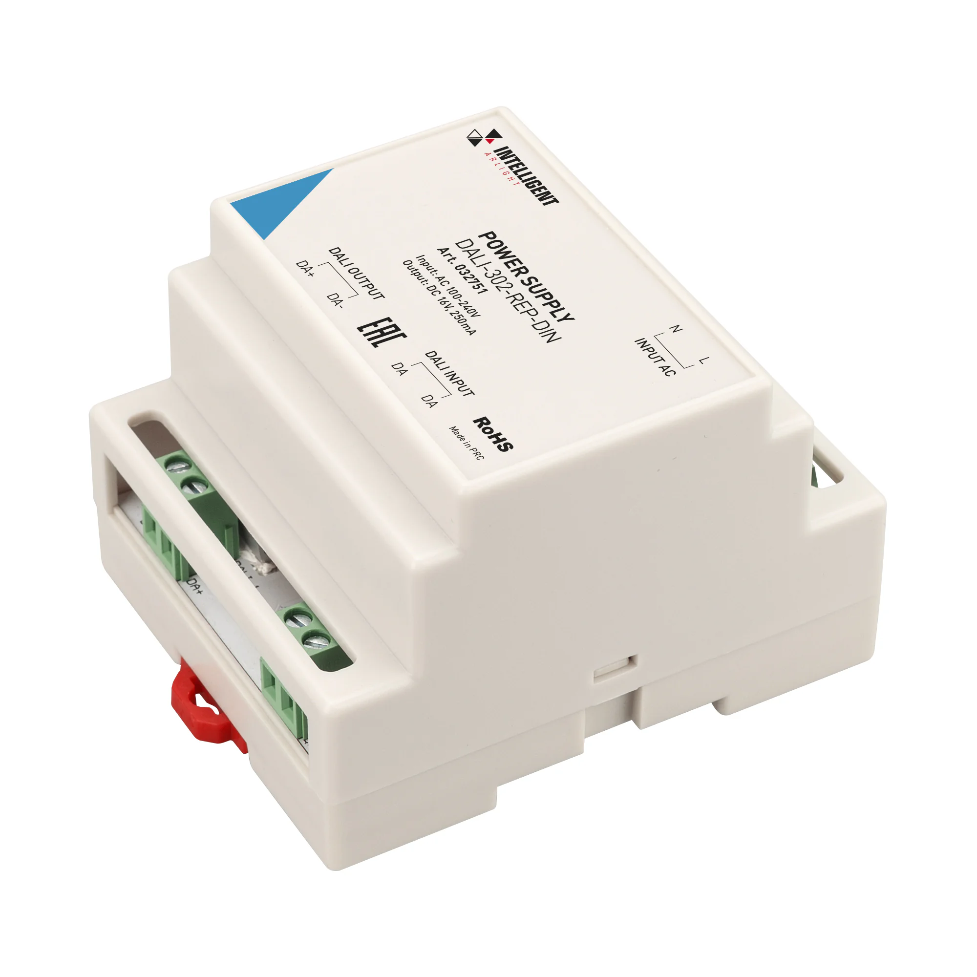 INTELLIGENT ARLIGHT Блок питания шины DALI-302-REP-DIN (230V, 250mA) 032751 - Источник питания шины DALI с функционалом репитера (усилителя) сигнала DALI, служит для увеличения длины линии DALI дополнительно до 300 м. и "прозрачен" для команд DALI в обе с