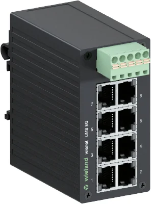 Коммутатор WIENET UMS 8-2G - Коммутатор серии WieNet, неуправляемый, 8 портов RJ45 скорость передачи 10/100 MBit/s, 2 порта RJ45 скорость передачи 100/1000 MBit/s, номинальное напряжение: 9-48 VDC, монтаж: на DIN рейку, материал корпуса: алюминий