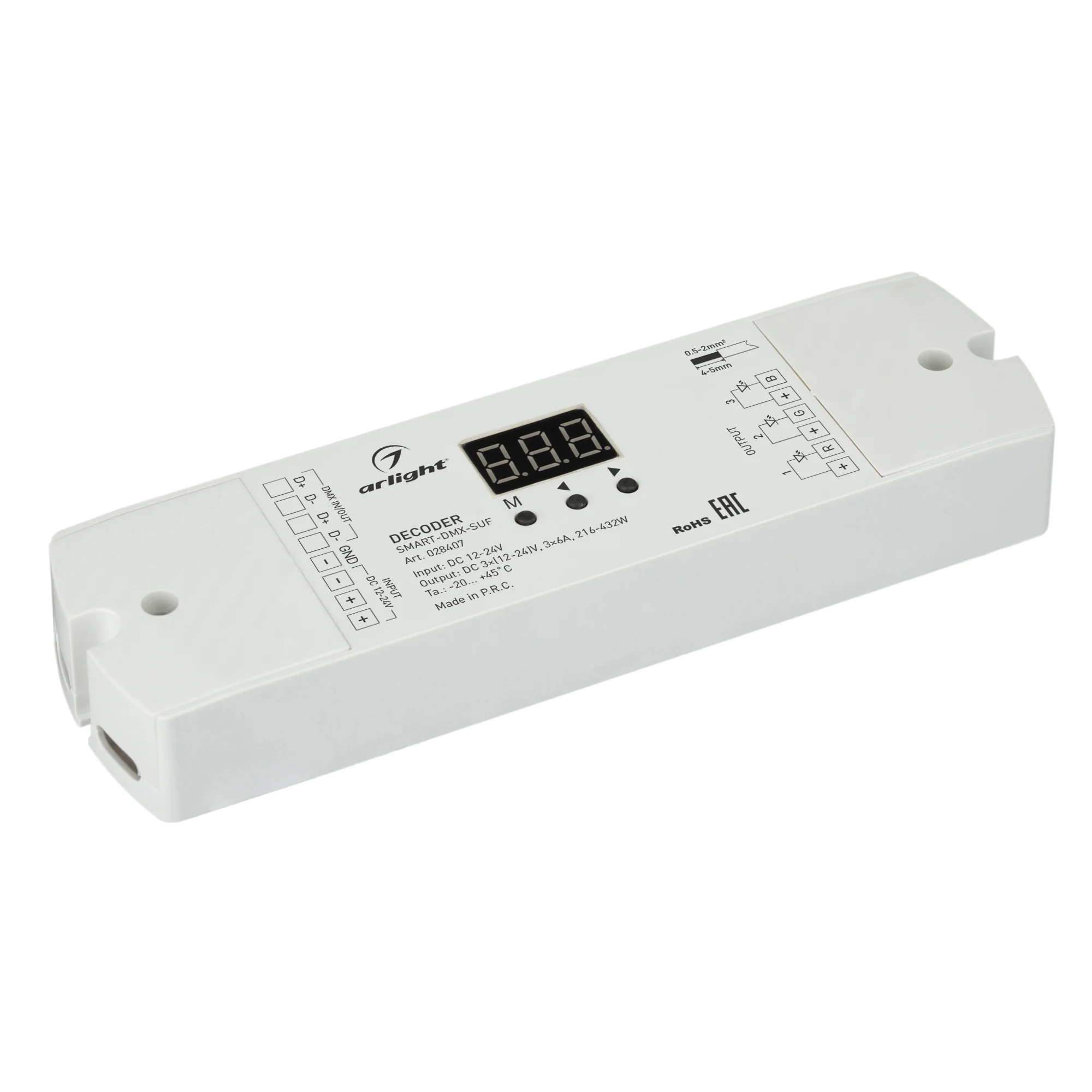 Декодер SMART-DMX-SUF (12-24V, 3x6A) 028407 - Декодер DMX512 для трансляции DMX512 сигнала ШИМ(PWM) устройствам. Питание 12-24VDC. 3 канала, ток нагрузки 3x6A, мощность нагрузки 216-432W. Входной сигнал DMX512, выходной сигнал ШИМ(PWM). Цифровой дисплей н