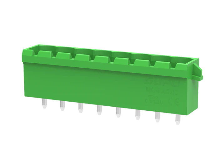 Вилочный разъем на плату MC-PA5.08V11-D-0002 - Вилочный разъем, вертикальный, на плату, шаг: 5.08 мм, 11 полюсов, фиксация на плате пайкой, исполнение: с упорами для защелок, 320V, 18A, цвет: зеленый