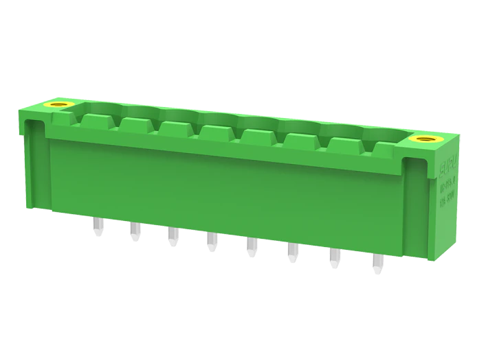Вилочный разъем на плату MC-PA5.0V03-F-0002 - Вилочный разъем, вертикальный, на плату, шаг: 5.0 мм, 3 полюса, фиксация на плате пайкой, исполнение: с монтажными фланцами, 320V, 18A, цвет: зеленый