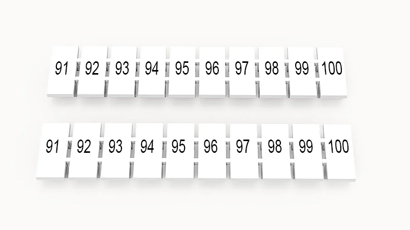 Марк.  полоска ZB6-10P-19-21Z(H) - Маркировочные шильдики для клемм WS…, DC…, PC…, сечением 4 мм кв., центральная, 10 шильдиков нанесенные символы: 91-100, с вертикальным расположением, размер шильдика: 5,55х10,7 мм, цвет белый
