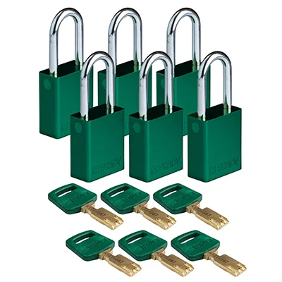 gws150256 - Замки SafeKey алюминиевые со стальной дужкой, высота дужки – 38 мм, диаметр дужки – 6.4 мм, алюминиевый корпус, размеры корпуса – 46х38х19 мм, цвет – зеленый, 6 шт/упак