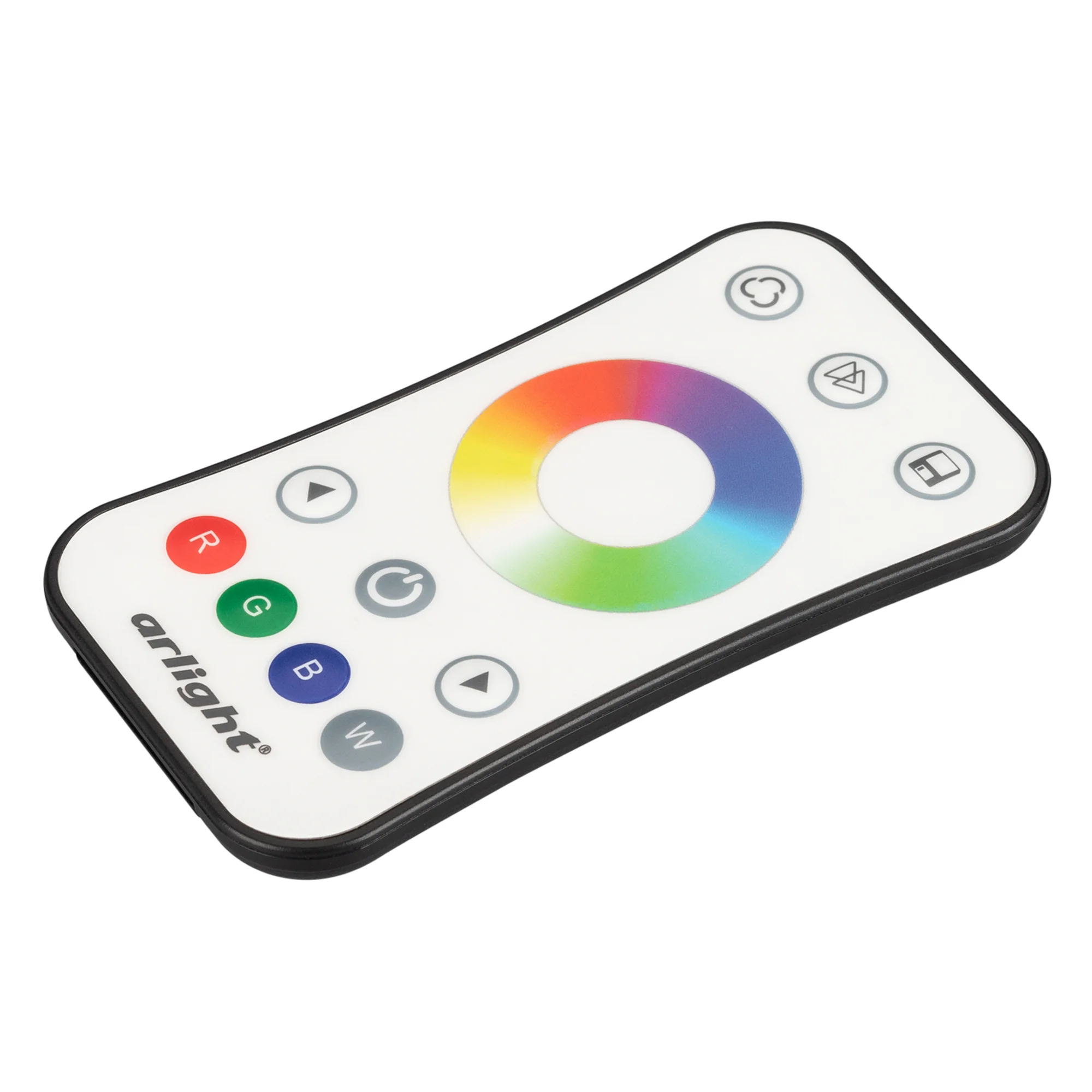 Пульт SMART-R14-RGBW (1 зона, 2.4G) 022671 - Кнопочный радиопульт с сенсорным кольцом 2.4 ГГц белого цвета для управления RGB/RGBW источником света. 1 зона управления, выбор цвета с помощью сенсорного кольца. Питание 3VDC (CR2032). Габариты 107x58.5x9 мм.