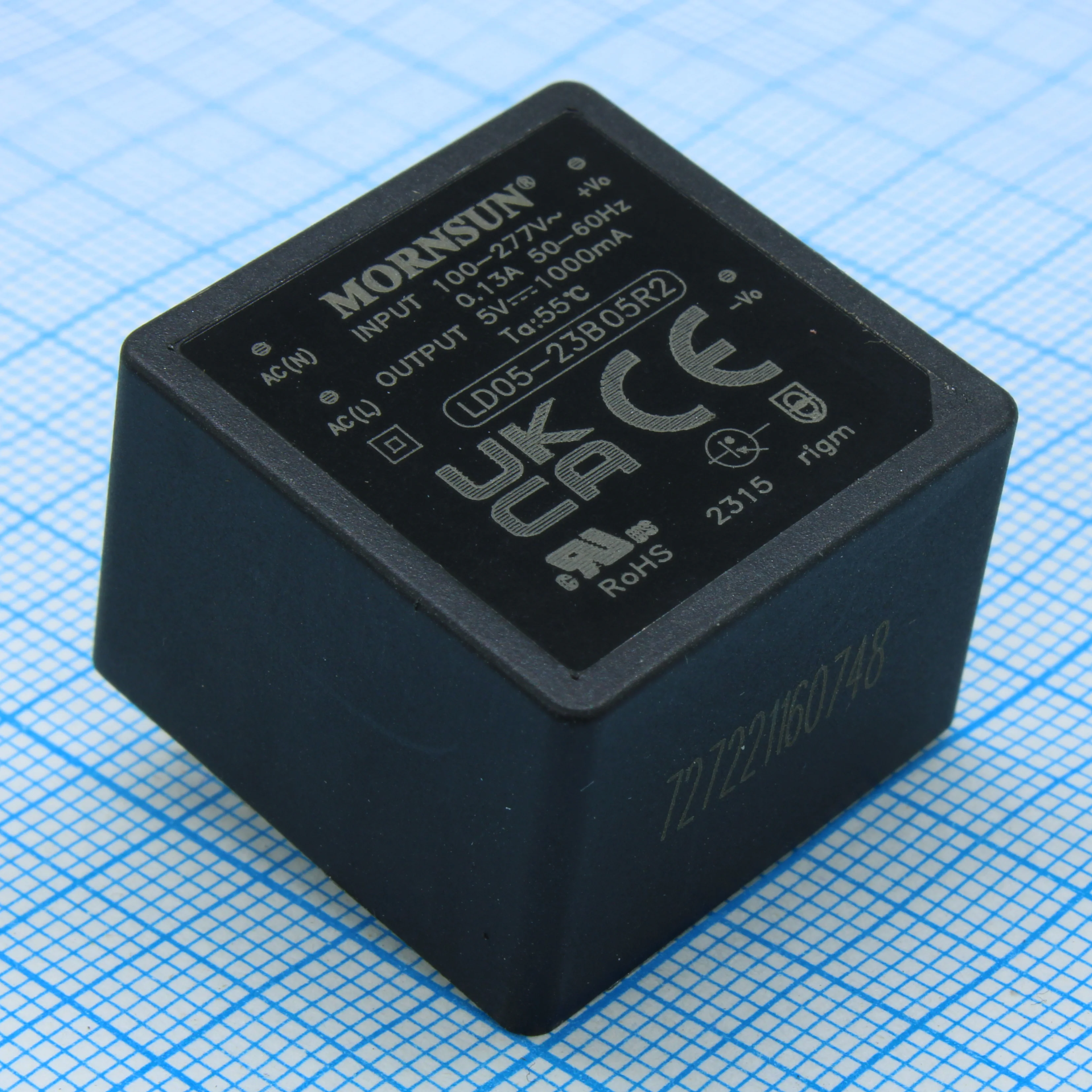 LD05-23B05R2 - AC-DC, 5Вт, вход 85…305В AC 47…63 Гц, 100…430B DC, выход 5В/1А, изоляция 4000В AC, КПД 77.5%, в корпусе на плату 25.4х25.4х17.6мм, -40...+85°C
