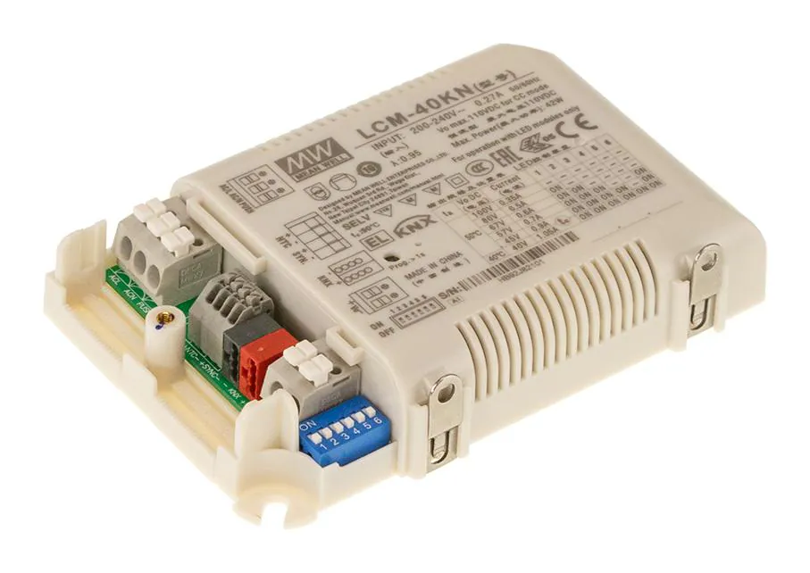 LCM-40KN - AC-DC, 42Вт, стабилизатор тока, вход 180…295В AC, 47…63Гц /254…417В DC, выход 350…1050мA/2…100В, ККМ, изоляция 3750В AC, в кожухе 123.5х81.5х23мм, -30…+60°С, KNX