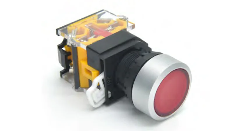 Кнопка  DT22M-FR11/RD - Кнопка управления в сборе, без фиксации, 24 - 380VAC / DC, 0,6 - 10A, без подсветки, низкая, 1NO1NC, цвет: красный, диаметр отверстия: 22 мм, металлическая обойма кнопки