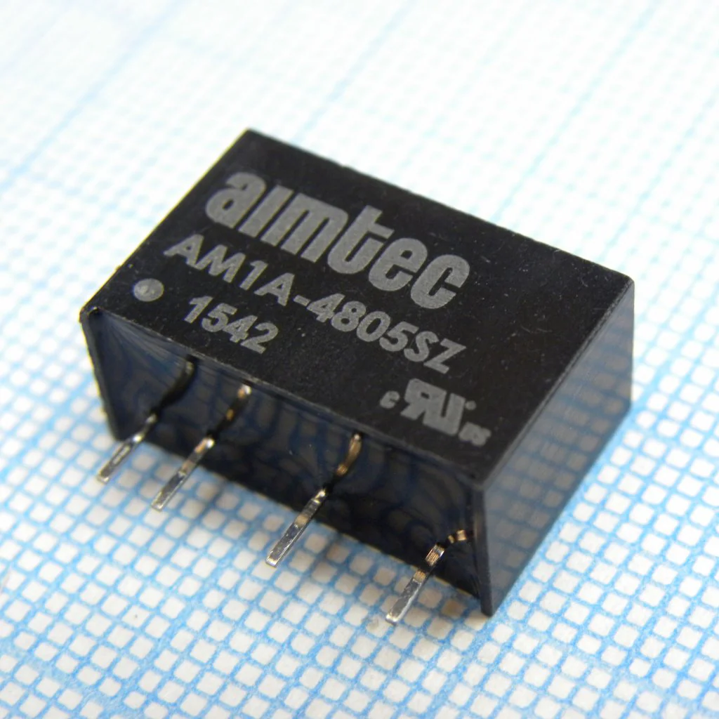 AM1A-1212DZ - DC/DC, 1Вт, вход 9…18В, выход ±12В/±0.042А, изоляция 1500В DC, КПД 79%, максимальная емкостная нагрузка не более ±470мкФ, SIP6, 17x7.62x11мм, -40…85°C, пластик
