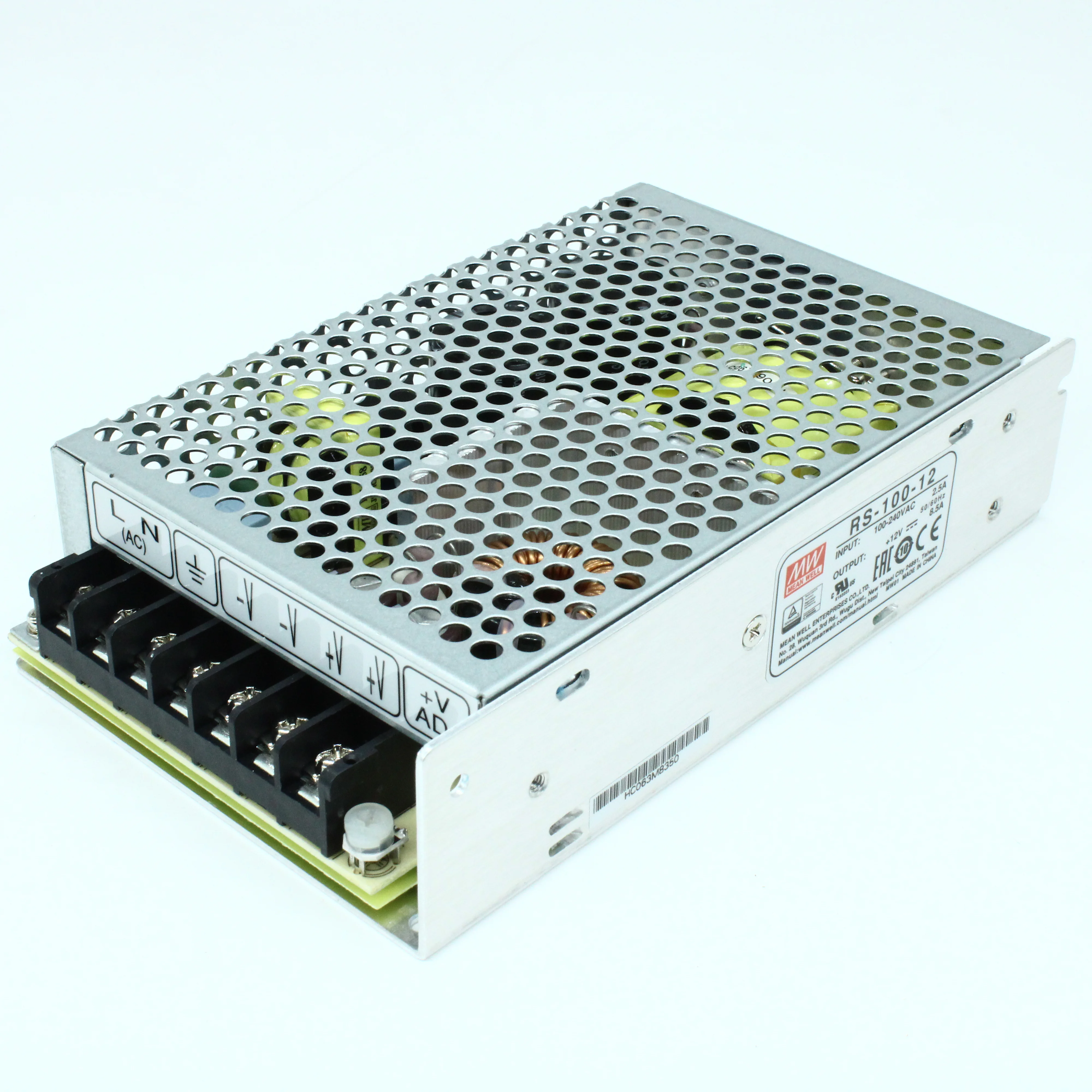 RS-100-12 - AC/DC, 100Вт, выход 12В/8.5A, рег. вых 11.4…13.2 В , вход 88…264В AC, 47…63Гц / 125…373 В DC,  изоляция 3000В AC, в кожухе 159х97х38мм, -20…+70°С
