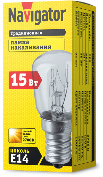 Лампа накаливания 61 203 NI-T26-15-230-E14-CL 61203