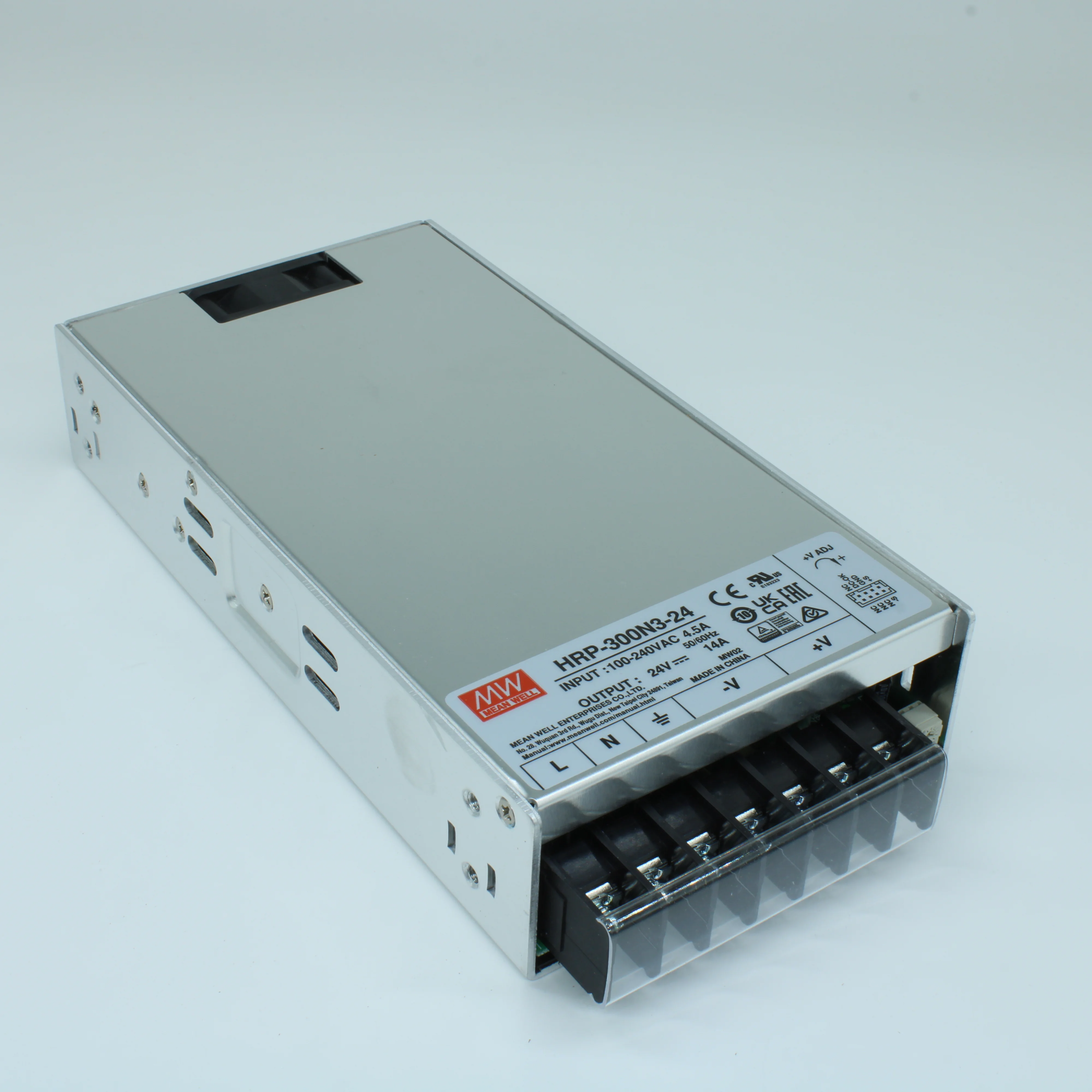 HRP-300N3-24 - AC-DC, 336Вт, выход 24В/0...14A, рег. вых 21.6…28.8 В , вход 85…264В AC, 47…63Гц / 120…370 В DC,  изоляция 3000В AC, в кожухе 199x105x41мм, -40…+70°С, вентилятор, кратковременная пиковая мощность 350%