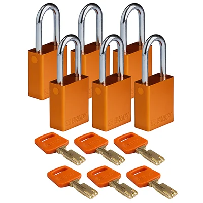 gws150326 - Замки SafeKey алюминиевые со стальной дужкой, высота дужки – 38 мм, диаметр дужки – 6.4 мм, алюминиевый корпус, размеры корпуса – 46х38х19 мм, цвет – оранжевый, 6 шт/упак