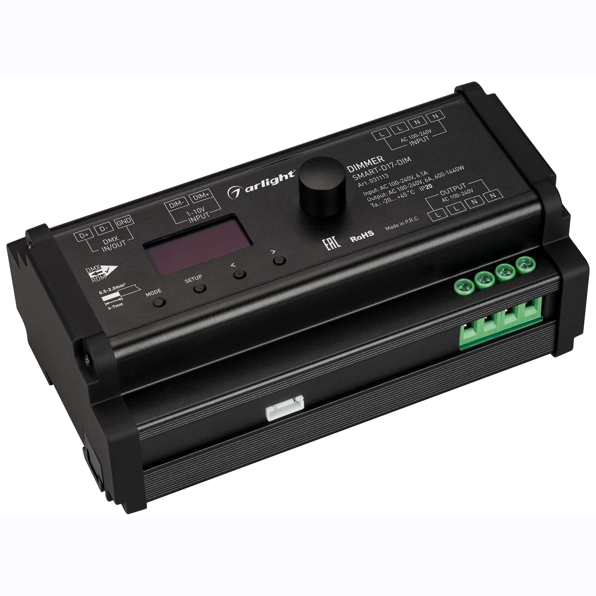 Диммер SMART-D17-DIM (230V, 6A, TRIAC, DIN, 2.4G) 031113 - Диммер для одноцветных источников света (TRIAC). Питание/рабочее напряжение 100-240V AC, выходной ток 6А, выходная мощность 600-1440W. Корпус - PVC, OLed экран. Габариты 168х93.5х63 мм. Управляетс