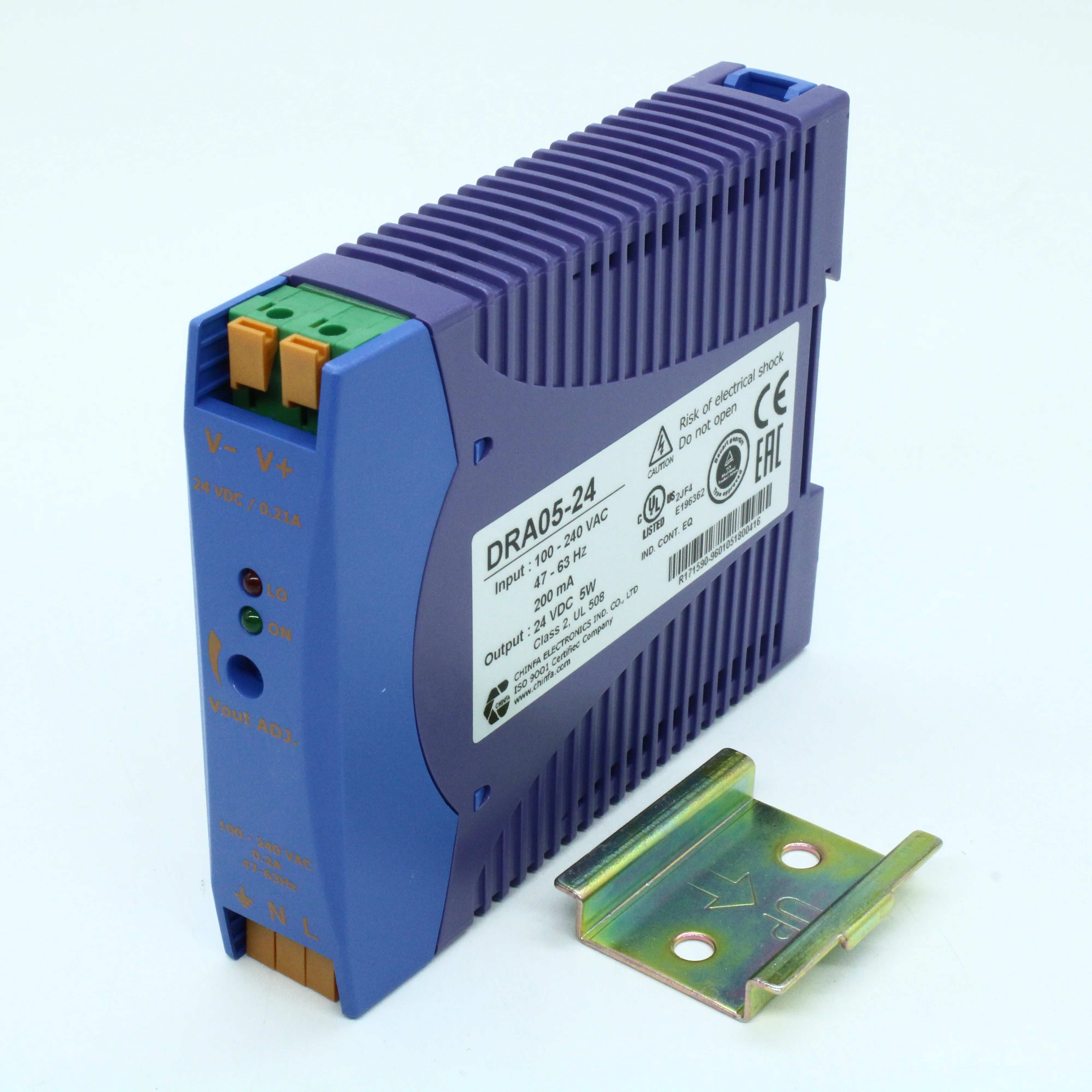 DRA05-24 - Преобразователь AC-DC на DIN-рейку  5Вт, выход 24В/0.21A, рег. вых 21.6…28.8В, вход 90…265V AC, 47…63Гц / 120...370V DC , изоляция 3000V AC, : 115х90х23мм, -20…+71°С, пружинные клеммы