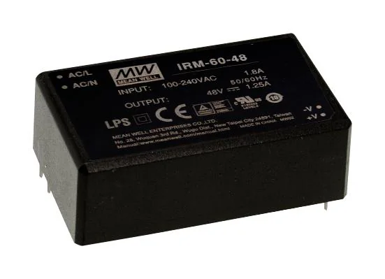 IRM-60-48 - AC-DC, 60Вт, вход 85...264В AC 47...440 Гц, выход 48В/1.25А, изоляция 3000В AC, в корпусе на плату 87x52x29.5мм, -30...+70°C