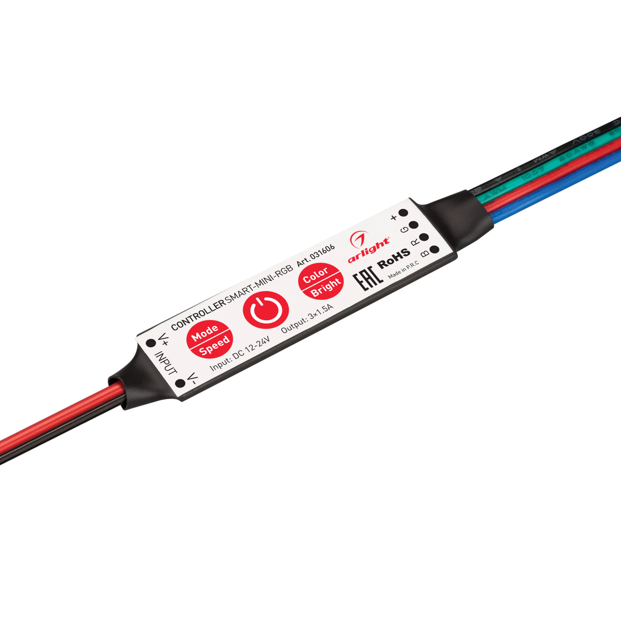 Контроллер SMART-MINI-RGB (12-24V, 3x1.5A) 031606 - Миниатюрный контроллер для мультицветной (RGB) светодиодной ленты (ШИМ). Питание/рабочее напряжение 12-24VDC, максимальный ток 1.5A на канал, 3 канала, максимальная мощность 54-108W. Габариты 60x12.5x5 м