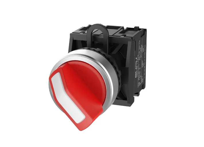 Селекторный переключатель (красный) TS2520-1AF10-S20 - Переключатель, короткая ручка, 3-х позиционный, без самовозврата, без подсветки, алюминиевое переднее кольцо, с мгновенным нажатием, с контактной группой 2NO, диаметр головки кнопки 29,5 мм, диаметр п