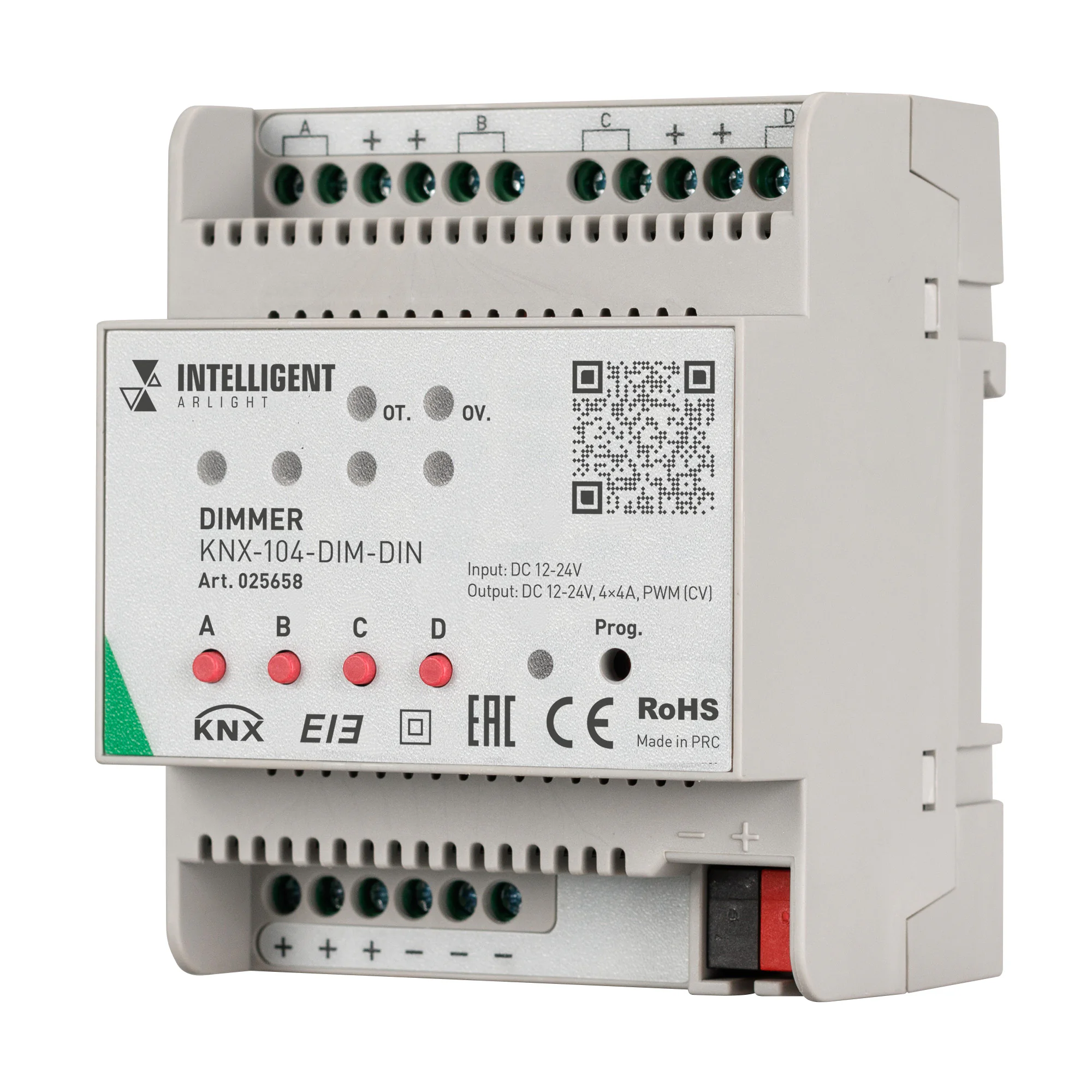 INTELLIGENT ARLIGHT Диммер KNX-104-DIM-DIN (12-24V, 4x4A) 025658 - Универсальный диммер стандарта KNX для установки на DIN-рейку. Питание DC 12-24V, ток нагрузки 4А на канал, 4 канала управления. Возможность ручного управления. Подходит для работы с 5V ле