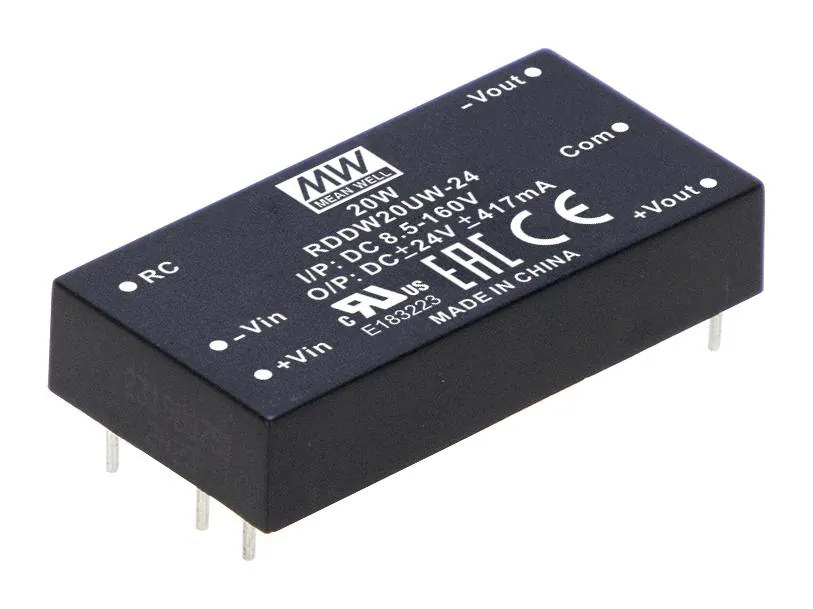 RSDW20UW-15 - DC/DC, 20Вт, вход 8.5…160В, выход 15В/1.33А, изоляция 3000В DC, КПД 89%, максимальная емкостная нагрузка не более 2200мкФ, 2x1", 50.8x25.4x10.2мм, -40…95°C