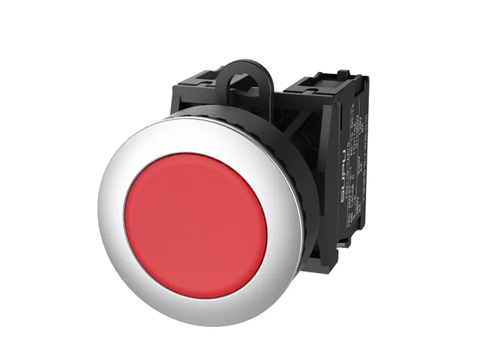 Кнопка плоская (красная) TS2520-0CL10-S20 - Кнопка круглая плоская, с блокировкой, без подсветки, утопленное алюминиевое переднее кольцо, с мгновенным нажатием, с контактной группой 2NO, диаметр головки кнопки 36 мм, диаметр посадочного отверстия: 22 мм, 