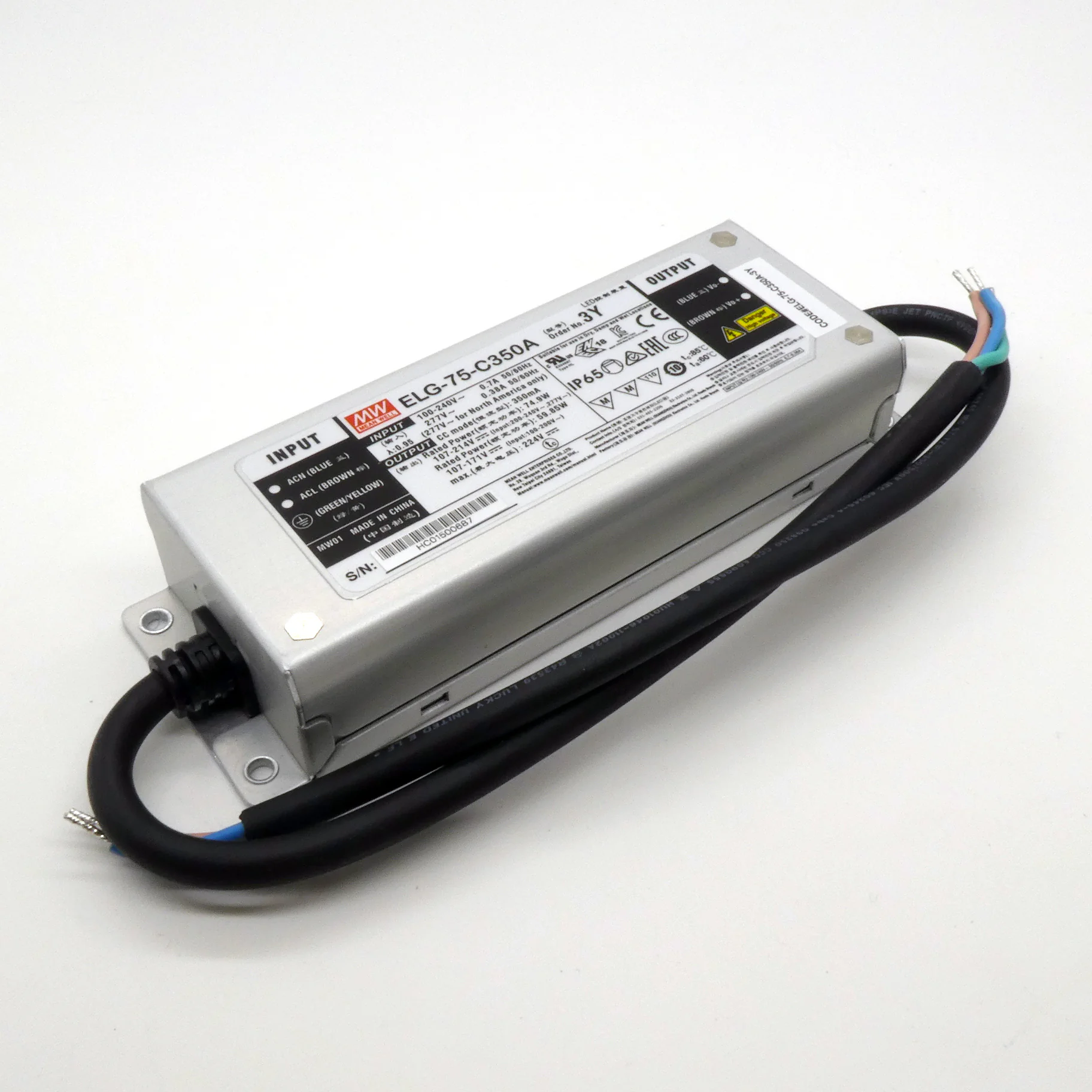 ELG-75-C350A-3Y - AC-DC, 74.9Вт, IP65, вход 100…305В AC, 47…63Гц/142…431В DC, ККМ, выход 107…214В/350мА, изоляция 3750В AC, в кожухе 180х63х35.5, -40…+85°С (корпус), рег. выхода, с проводом заземления