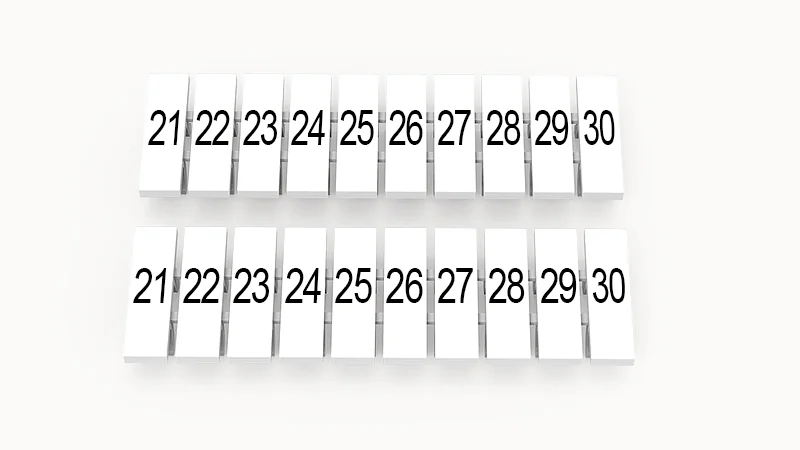 Марк.  полоска ZB3.5-10P-19-03Z(H) - Маркировочные шильдики для клемм DS…, сечением 1,5 мм кв., центральная, 10 шильдиков нанесенные символы: 21-30, с вертикальным расположением, размер шильдика: 2,95х10,7 мм, цвет белый