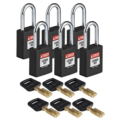gws150224 - Замки SafeKey нейлоновые со стальной дужкой, высота дужки – 38 мм, диаметр дужки – 6.4 мм, нейлоновый корпус, размеры корпуса – 46х38х19 мм, цвет – черный, 6 шт/упак