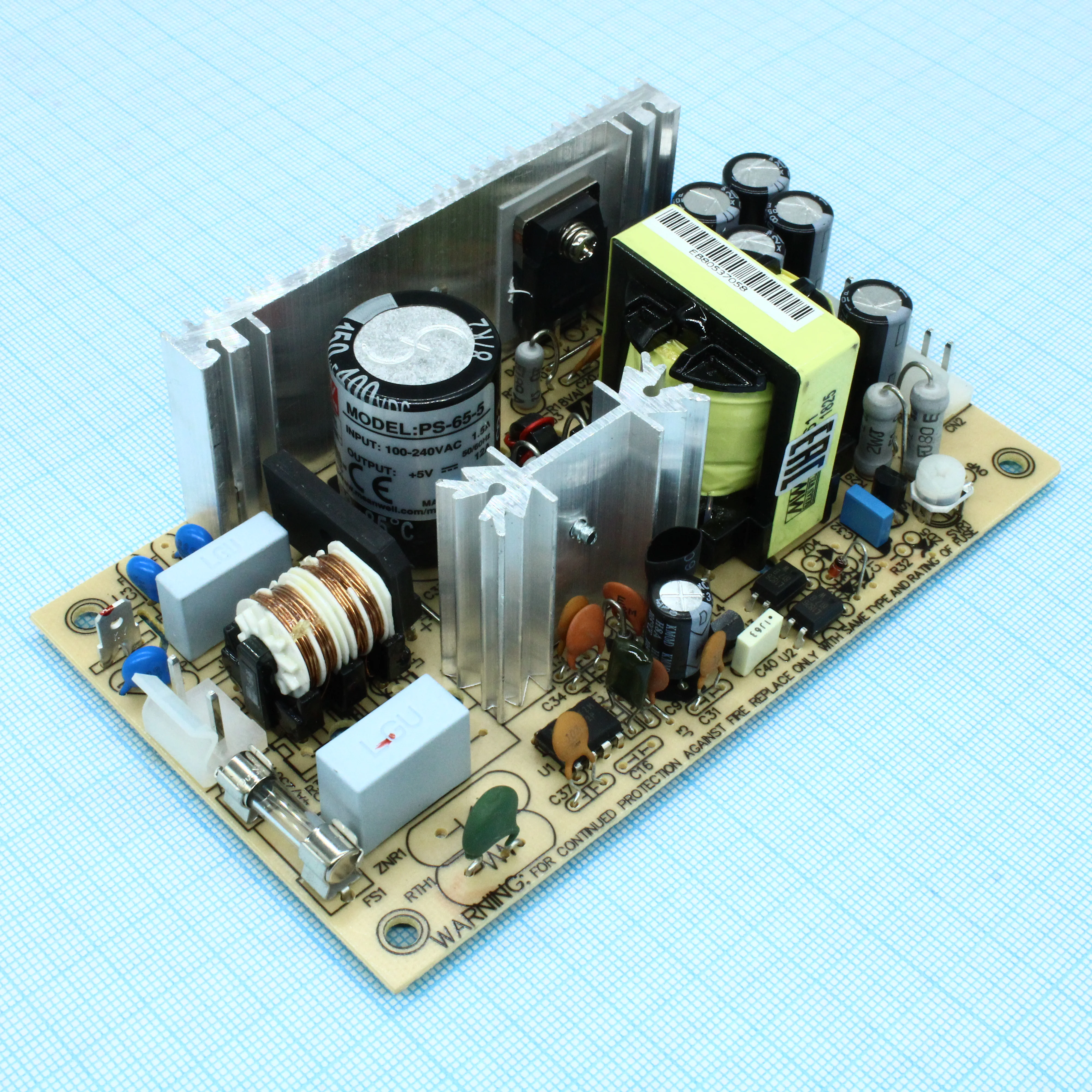 PS-65-5 - AC-DC, 65Вт, выход 5В/13,8A, рег. вых=±10%Uном, вход 85…264V AC, 47…440Гц /120…370В DC, изоляция 3000В AC, открытая плата 127х76х40мм, -10…+60°С