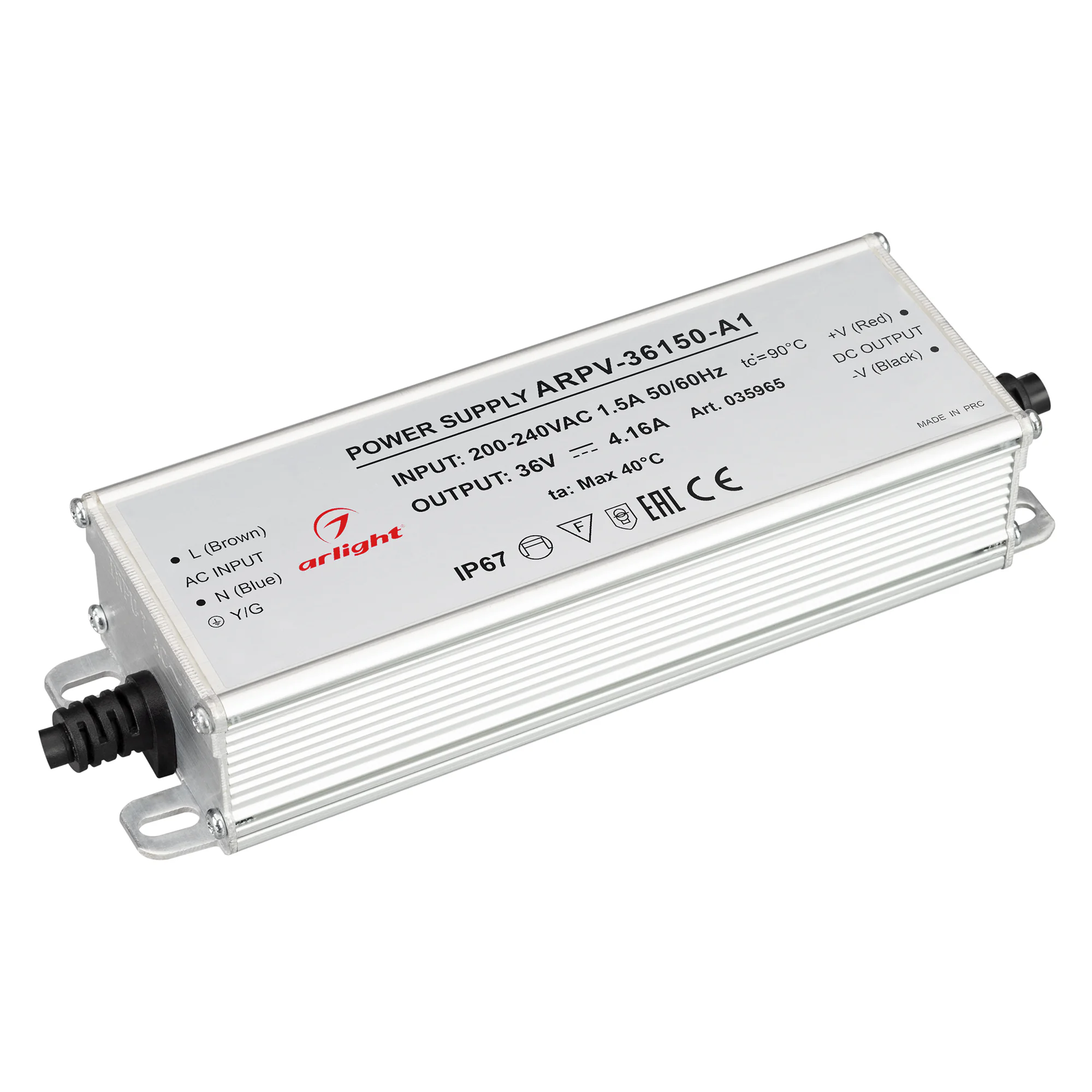 Блок питания ARPV-36150-A1 (36V, 4.16A, 150W) 035965 - Источник напряжения с гальванической развязкой для светодиодных изделий. Входное напряжение 200-240 VAC. Выходные параметры: 36 В, 4.16 А, 150 Вт. Встроенный PFC >0,5. Герметичный алюминиевый корпус I