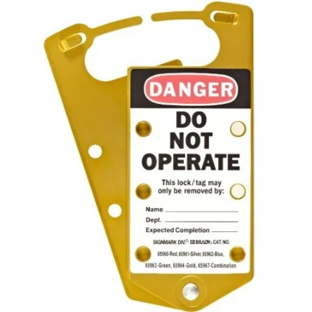 gws65964 - Множители замковые алюминиевые с этикетками «DANGER DO NOT OPERATE», «This energy source has been locked out», 191х76х4 мм, цвет – золотистый, 5шт/упак