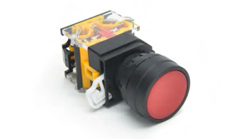 Кнопка  DT22A-FR11/RD - Кнопка управления в сборе, без фиксации, 24 - 380VAC / DC, 0,6 - 10A, без подсветки, низкая, 1NO1NC, цвет: красный, диаметр отверстия: 22 мм, пластиковая обойма кнопки