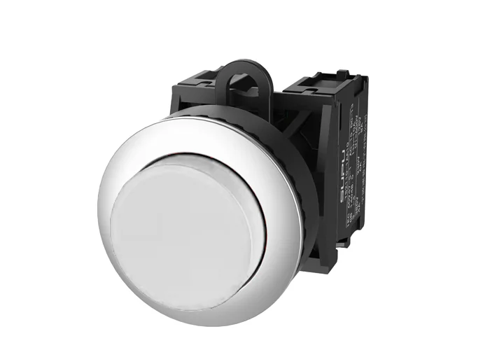 Кнопка выпуклая (белая) TS2520-0DL50-R10 - Кнопка круглая выпуклая, с блокировкой, без подсветки, утопленное алюминиевое переднее кольцо, с плавным нажатием, с контактной группой 1NO, диаметр головки кнопки 36 мм, диаметр посадочного отверстия: 22 мм, цве