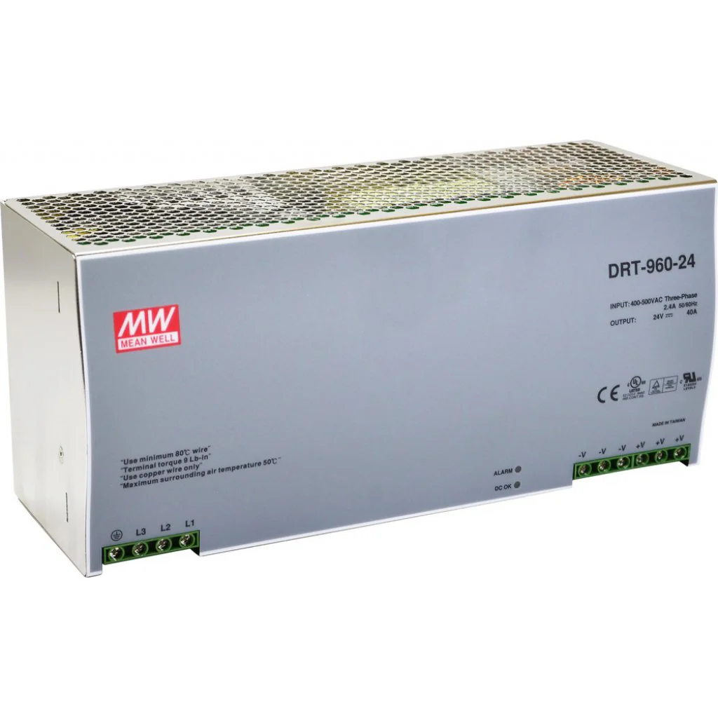 DRT-960-24 - Преобразователь AC-DC на DIN-рейку  960Вт, 3-х фазный, выход 24…28В/40A, вход 340…550V AC, 47…63Гц, изоляция 3000В AC, в кожухе  276х125.2х100мм, -20…+40°С