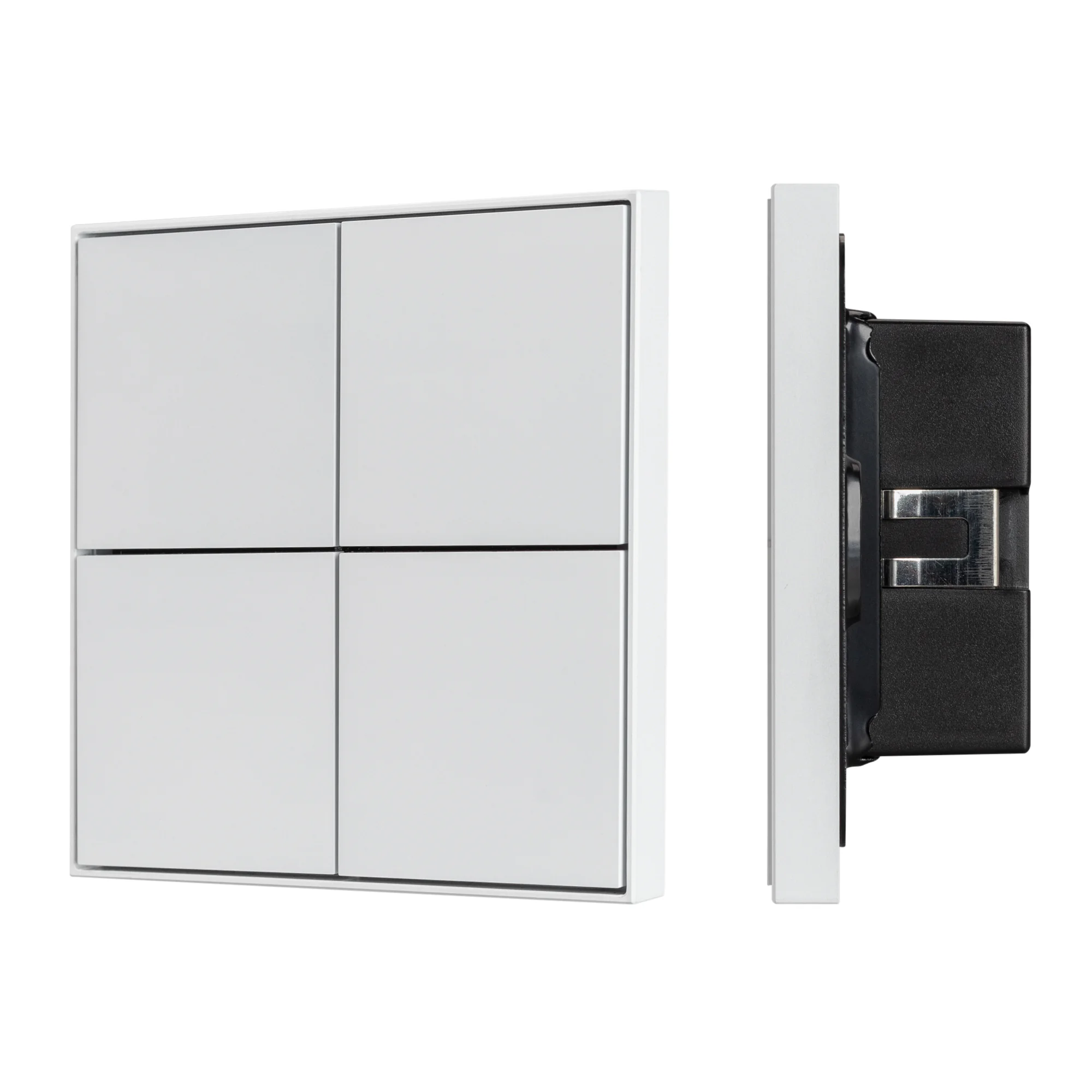 INTELLIGENT ARLIGHT Кнопочная панель KNX-304-23-IN White (BUS, Frame) 038401 - Универсальная многофункциональная встраиваемая настенная панель для систем KNX. 4 рокерные клавиши, 1 клавиша может выполнять функции 2-х клавиш. Тонкая рамка, материал - алюми
