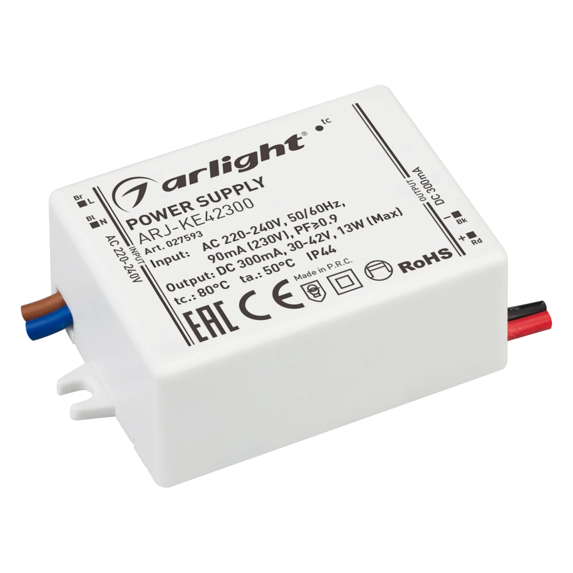 Блок питания ARJ-KE42300 (13W, 300mA, PFC) 027593 - Источник тока с гальванической развязкой для светильников и мощных светодиодов. Входное напряжение 220-240 VAC. Выходные параметры: 30-42 В, 300 mА, 13 Вт. Встроенный PFC >0.9. Негерметичный пластиковый 