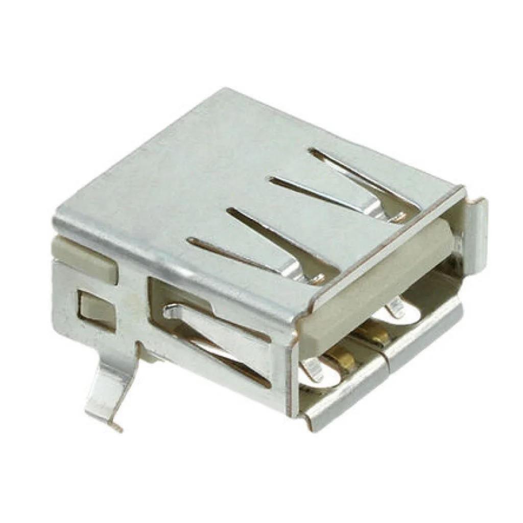 292303-7 - Разъем USB тип A, USB 2.0, 4 контакта угловой монтаж в отверстие 4 терминала 1 порт лоток