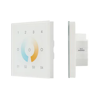 INTELLIGENT ARLIGHT Сенсорная панель DALI-901-11-4G-4SC-MIX-DT8-IN White (BUS/230V) 037198 - Настенная встраиваемая стеклянная панель белого цвета с сенсорным управлением (сенсорное кольцо и 11 сенсорных кнопок) для светодиодных MIX-лент. 4 группы управле