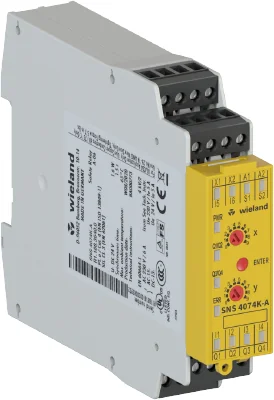 Реле безопасности SNS 4074K-A DC 24V 9,9 - Реле безопасности.Монитор нулевой скорости (диапазон частот 0,1 - 9,9 Гц) с функцией байпаса, автоматический / ручной сброс с контролем кнопки сброса, 4 безопасных полупроводниковых выхода, 24 В постоянного тока,