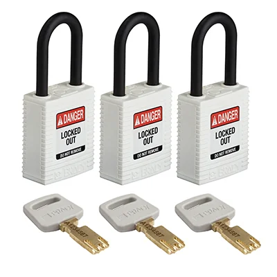 gws150267 - Замки SafeKey нейлоновые с пластиковой дужкой, высота дужки – 38 мм, диаметр дужки – 6.4 мм, нейлоновый корпус, размеры корпуса – 46х38х19 мм, система "Одинаковые ключи", цвет – белый, 3 шт/упак