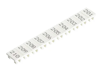 Шильдик 9705A/5/10 B  201-210 - Маркировка для клемм сечением 2,5 мм.кв., шириной 5 мм, 10 шильдиков, белая, нанесенные знаки: 201 – 210