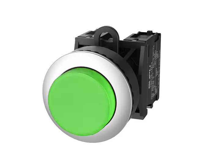 Кнопка выпуклая (зеленая) TS2520-0DM20-S10 - Кнопка круглая выпуклая, без блокировки, без подсветки, утопленное алюминиевое переднее кольцо, с мгновенным нажатием, с контактной группой 1NO, диаметр головки кнопки 36 мм, диаметр посадочного отверстия: 22 м