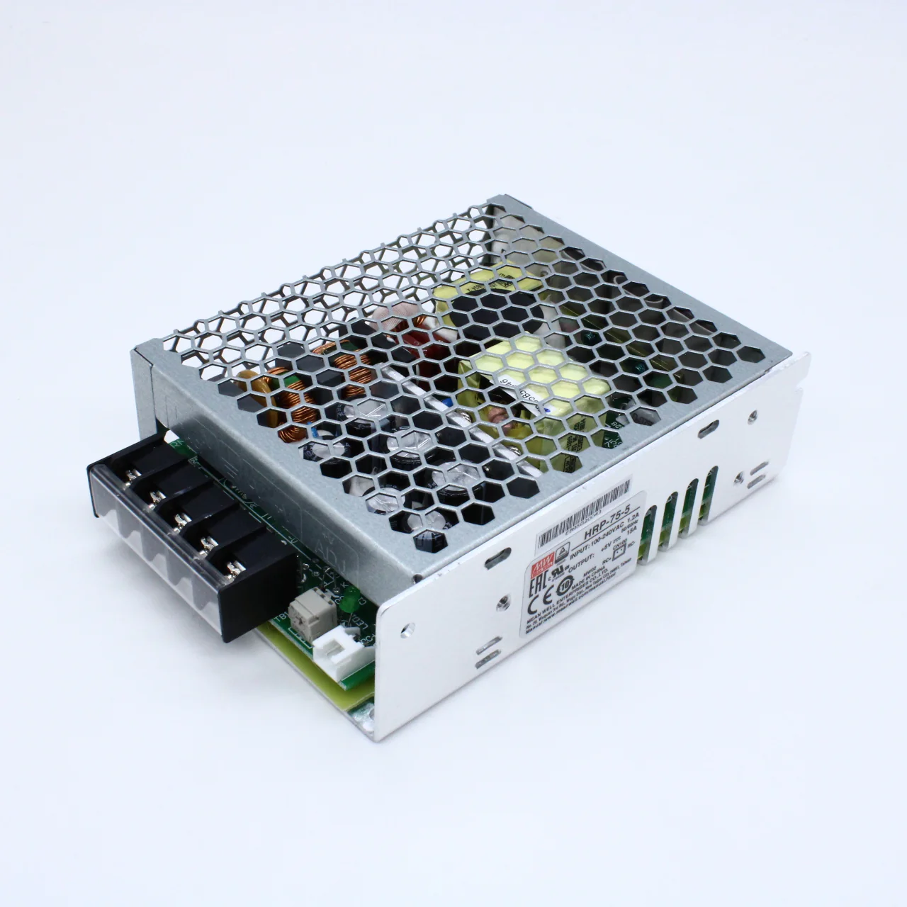 HRP-75-5 - AC-DC, 75Вт, ККМ, вход 85...264В AC 47...63Гц/127...370В DC, выход 5В (рег. 4,7...5,8В)/15А, изоляция 3000В AC, в кожухе 129х98х38мм, -20...+70°С