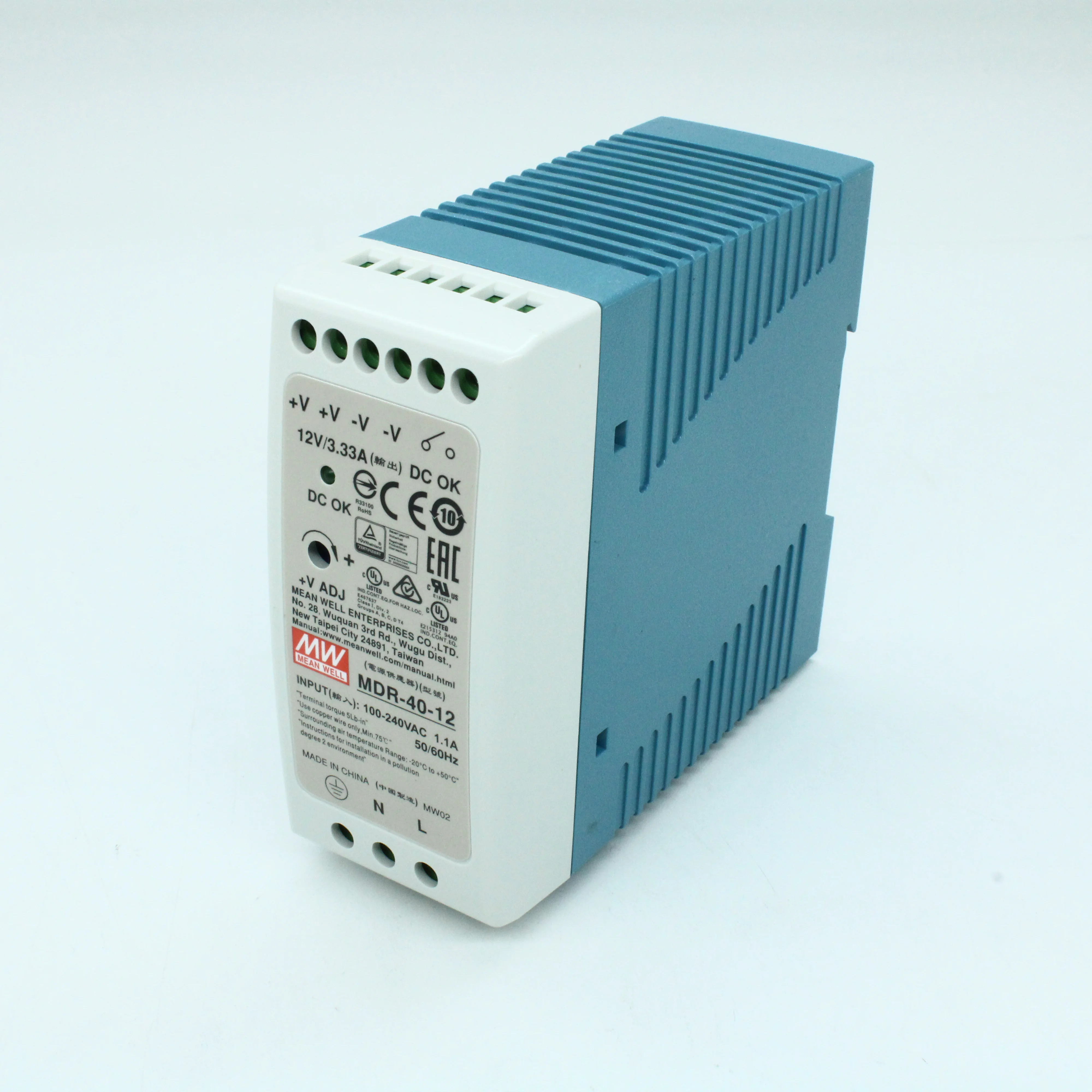 MDR-40-12 - Преобразователь AC-DC на DIN-рейку  40Вт, выход 12В/3,33A, рег. вых 12…15В, вход 85…264V AC, 47…63Гц /120…370В DC, изоляция 3000В AC, в кожухе  40х90х100мм, -20…+70°С